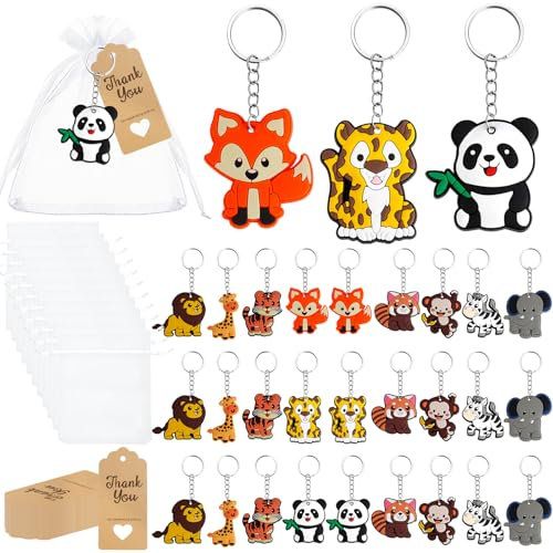 JABNOW 30 Portachiavi Animali per Bambini, Silicone Porta Chiavi, Regalo Feste di Compleanno, Scuola, Baby Shower, Gadget Compleanno Bambini con Etichetta Kraft e Sacchetto di Organza Bianca