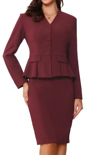 Allegra K Womens Business 2 Piece Skirt Suit Set Work Formal Outfits | Fitted Peplum Blazer Pencil Skirt Suits for Office Lady, Professional Interview, Spring Fall Winter