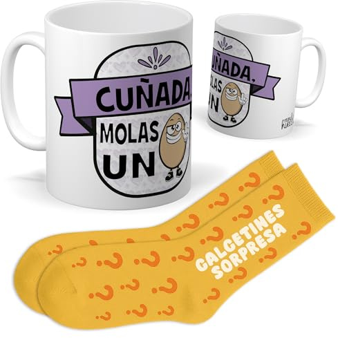 Set para Cuñada | Taza cuñada mola un huevo + Calcetines Sorpresa | Regalo Original y Divertido para Mujer | Perfecto en Cumpleaños, Navidad, Amigas y Celebraciones Familiares