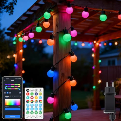 Aigostar RGBIC Ljusslinga Utomhus 5 Meter, 25 G40 LED Lampor, Segmentfärgkontroll, Musiksynk, 39 Dynamiska Lägen, IP44 Vattentålig För Inomhus & Utomhusbruk