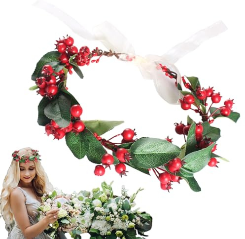 Röda bär huvudband - Blommigt Kronhuvudband | Berry Blomma Krans | Julkrans Krans | Strand Krans Med Konstgjorda Blad Huvudband För Kvinnor (Dmr. 18C