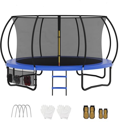 VFU Trampolín para exteriores, diámetro 222/305/366/427 cm, cama elástica infantil para jardín con red de seguridad, bolsa para zapatos y escalera, cama elástica redonda para niños con cubierta de