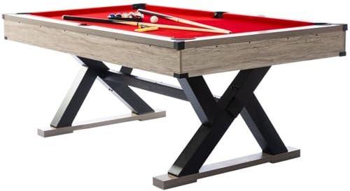 7ft Billiard Table with Red Cloth, 84 Modern Pool Table for Man Cave or Basement, Sturdy K-Legs & Includes 2 Cue Sticks, Balls, Triangle, Chalks, Brush, Easy Assembly Home Pool Tables, Rustic Grey