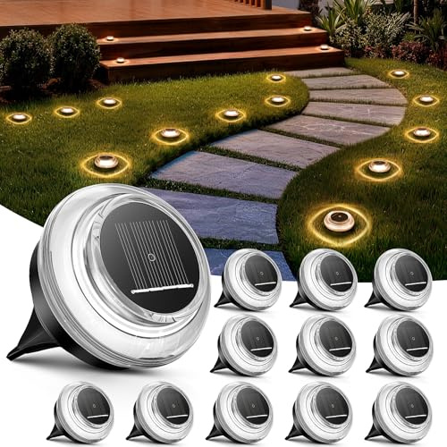 Lot de 12 Lampe Solaire Au Sol, IP65 Waterproof Jardin Eclairage Exterieur Solaire, Lumière Solaire Extérieure Ombre-Lumière, Spot Solaire Extérieur pour Chemins Pelouse Terrasse Piscine,Blanc Chaud