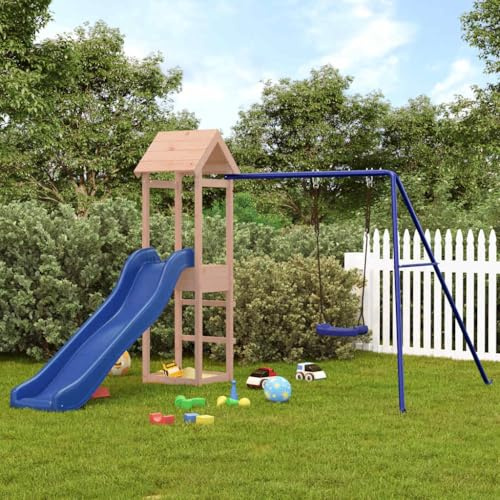 YunCangg Torre de juegos de madera maciza Douglas con columpio, tobogán ondulado y arenero, estructura de escalada de madera robusta para jardín, terraza y parque infantil, 238 x 259 x 194 cm