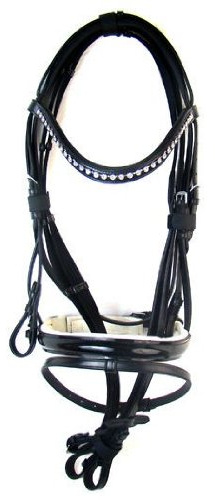 A&M Reitsport Hochwertige Trense Amber aus Leder Schwarz/Weiss Neu incl. Zügel, Größe:Warmblut