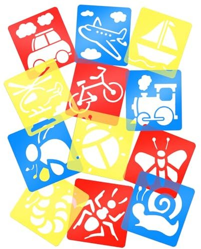 MWOOT 12 Pezzi Pittura Stencil Set, Strumento di Trasporto e Animali Forme Disegno Modello per l'apprendimento della Pittura, Decorazione Artigianale Fai da Te