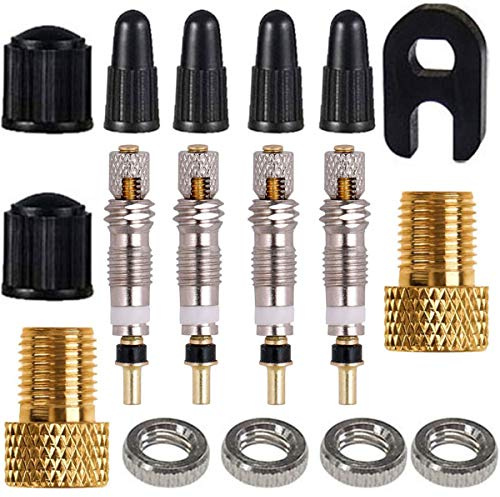 TuoTu Presta Valve Cores & Caps Kit, Schrader Adapter, Universal Fit for Bicycle & Car, Black & Gold, 15Pcs