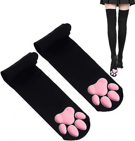 Cat Paw Chaussettes montantes jusqu'aux cuisses Gants - Adorables haricots d'orteils 3D doux, moufles, coussinets de griffes de chaton pour filles et femmes - Ensemble cosplay, M