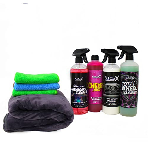 AutoFullCar FullCarX Kit de nettoyage premium pour voiture moto 750 ml – Total Wheel Nettoyant tableau de bord sans silicone Cire Carnauba Cherry Foam Lingettes Serviette XXL Detailing Extérieur