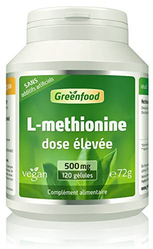 Greenfood L-méthionine, 500 mg, dose élevée, 120 gélules, vegan - acide aminé SANS additifs artificiels, sans organisme génétiquement modifié.