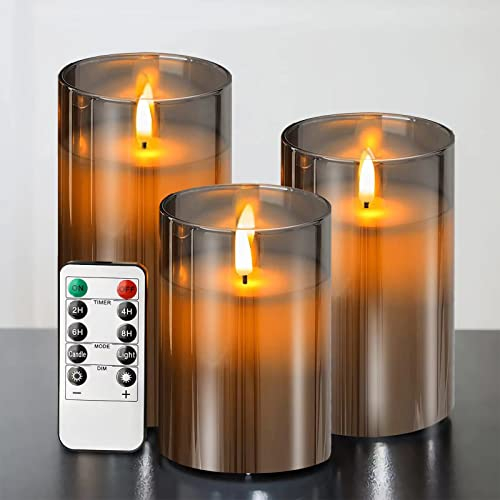 ILEEDear Grau Glas Flammenlose Kerzen mit Fernbedienung und Timer, Echtwachskerz, Batteriebetrieben, Zur Deko Wohnzimmer Schlafzimmer Badezimmer Weihnachtsdeko Halloween, 3er-Set