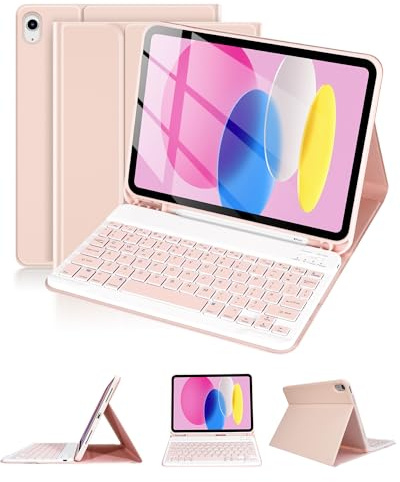 LAMA Keyboard Case for iPad 11th A16 11 2025, iPad 10th Gen 10.9 2022, Slim Protective Cover with Detachable Wireless Bluetooth Keyboard Case and Pencil Holder, Pink