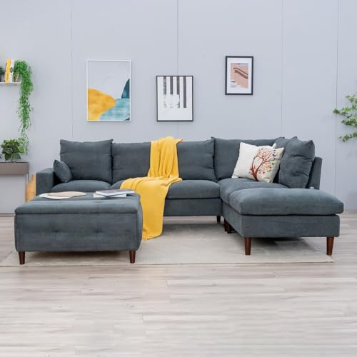 Panana Furniture Classic Fine Linen Sofa & Chaise Corner Sofa Group Set with USB Charging Port (Grey, 6 Seater L Shape)