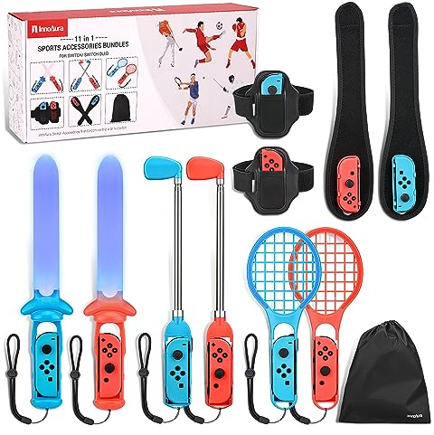 11-in-1 Switch Sport zubehör Bundle, innoAura Switch Sports Spiele Zubehör set mit Switch Tennis Schlägern, Golf Schlägern, Schwertern, Handgelenkriemen, Beinriemen für Switch/Switch OLED