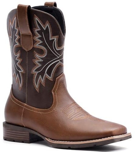 Lumeheel Cowboy Boots for Men - Western Square Toe Men's Brown Boots with Classic Embroidered, Slip on Chunky Heel for Spring Fall 10M