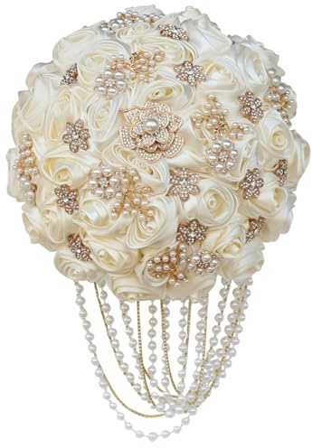 Gkvszy Ivory Wedding Bouquet with Rhinestone Brooch Pearl String Cascading Bridal Bouquet for Bride Bridesmaid Quinceanera Satin Rose Flower Bouquet Wedding Ivory 8.7in