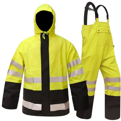 Rizzon Waterproof Rain Suits for Men & Women, Hi-Vis Rain Jacket & Bib Overalls, Heavy Duty Rain Gear for Fishing Outdoor Activities(Fluorescent,S)