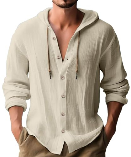Chemise Lin Homme Col Mao Couleur Uni Henley Shirts Casual Blanche Manches Longues Chemises en Lin Été à Capuche Haut Blouse Boutonnés Hoodie Cordon De Serrage Cotton