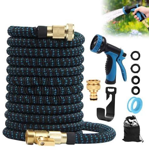 Gobesty Manguera Extensible 15M, Manguera de Jardin Extensible con Pistola Rociadora de 10 Funciones Manguera Flexible Manguera Mágica Extensible para Rociar el Césped, Limpiar Autos, Azul