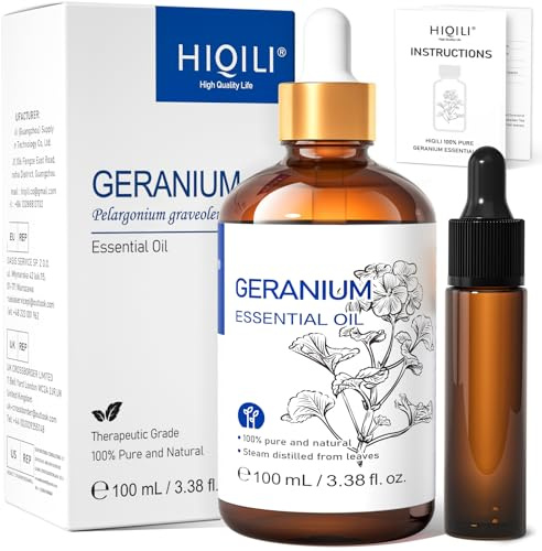 HIQILI Huile Essentielle Geranium, 100% Naturelle, pour Aromathérapie, Diffuseurs, Sprays, Peau, Cheveux, Gels Douche,Savons et la Fabrication de Bougies - 100ml