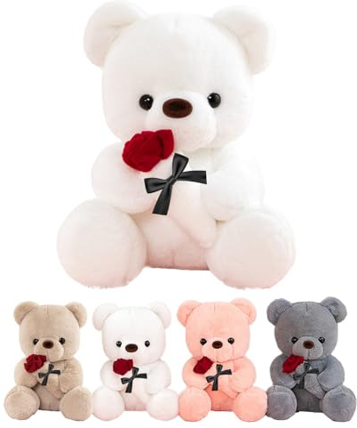 LIHIQIYA Ours en Peluche avec Rose, Cadeau Anniversaire Femme, 25cm Teddy Bear Blanc Nounours Pâques Peluche Mignon Juet en Peluche Paques Original Amour Cadeaux de Mariage pour Femme Petite Amie Sœur