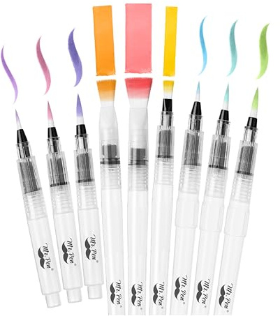 Mr. Pen- Watercolor Brush Pens, 9 pcs, 6 x Point Tips and 3 x Flat Tips Styles, Nylon Bristles, Refillable Watercolor Pens for Acrylic, Gouache, Crayons, Ideal for Artists, Drawing, Sketching