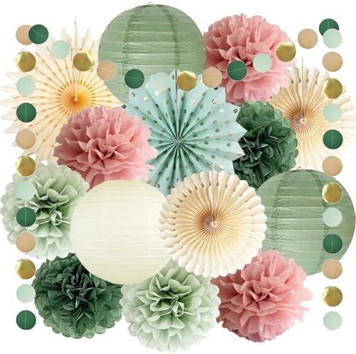 Verde salvia rosa, decorazione per feste, verde oliva, carta velina, pompon decorativi, lanterne di carta, vassoi di carta, ghirlanda per addio al nubilato, baby shower, decorazione di compleanno