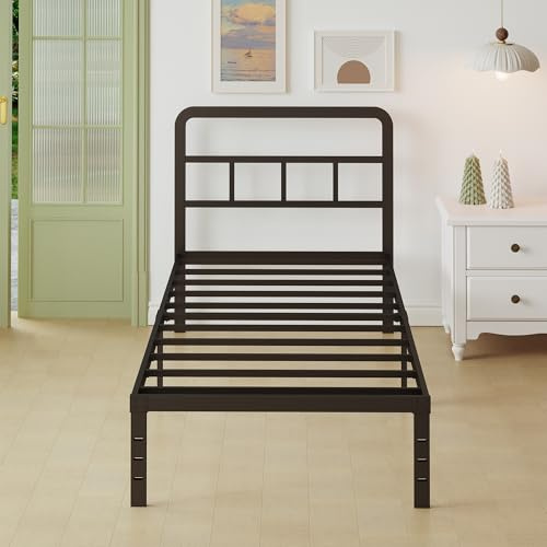 Lutown-Teen metallsäng 75 x 190 cm med ribbotten, sängram 75 x 190 med sänggavel, enkelsäng, 36 cm hög, ungdomssäng, med stort förvaringsutrymme under sängen, ljudfri, enkel montering, svart