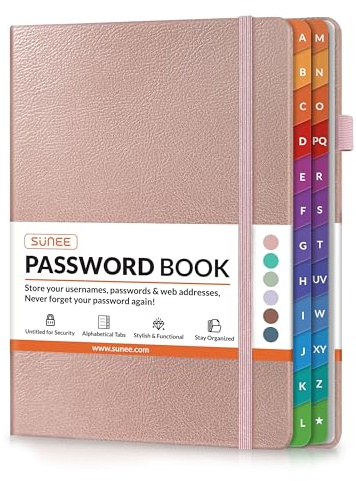 SUNEE Password Book with Colorful Alphabetical Tabs, Password Books for Seniors, Password Keeper Book for Computer and Internet Address Website Login, 5.3''x 7.7''- Rose Gold