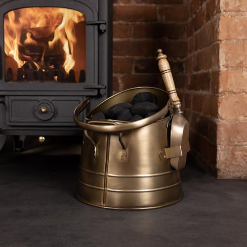 CHARLES BENTLEY Snug Alder Coal Bucket, with Shovel, Metal, Antique Gold Coloured, Shovel Holster, Traditional Style, Carry Handles, 1kg Capacity, Powder Coated Finish, Fireplace Tools (28x28x28cm)