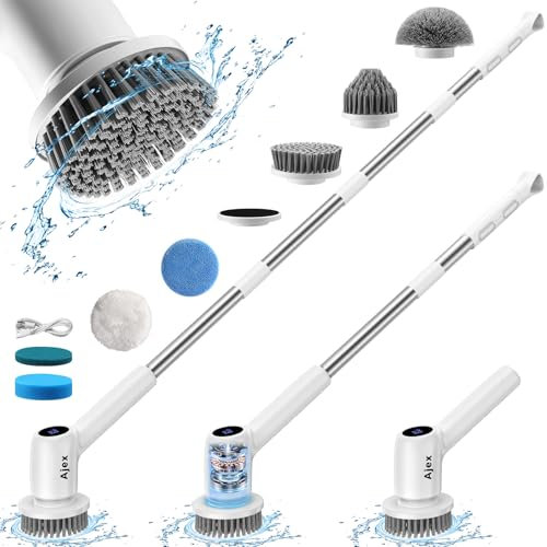 IPX7 + mango largo extensible: Ajex - Cepillo de limpieza eléctrico inalámbrico con 8 cabezales reemplazables, cepillo de limpieza eléctrico giratorio con impermeabilidad IPX7, 2 velocidades