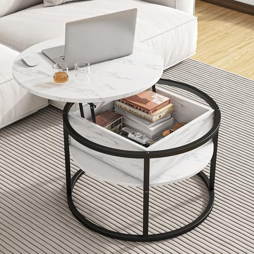 HOJINLINERO Runt soffbord, soffbord med utfällbart blad för vardagsrum, träbord med dolt förvaringsutrymme och utfällbart blad, modern soffa te ände centrala bord vardagsrumsmöbler