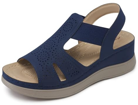 SHIBEVER Wedge Sandals Women Comfortable: Sandals for Women 2026 Dressy Summer Ankle Strap Open Toe Low Heel Platform Wedges Shoes Navy Blue Size 8.5