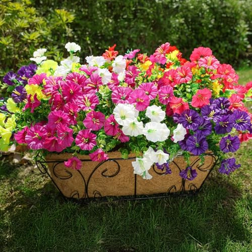 Weldomcor 12 Bundles Outdoor Artificial Flowers UV Resistant Artificial Morning Glory Shrubs Greenery Artificial Plants for Hanging Planter Home Kitchen Garden Porch Window Box Decor (6 Colors)