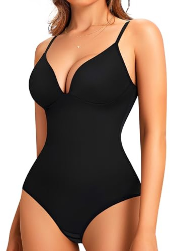LODAY Shapewear Bodysuits for Women Deep V Neck Body Suit with Built in BraïŒBlack,XS