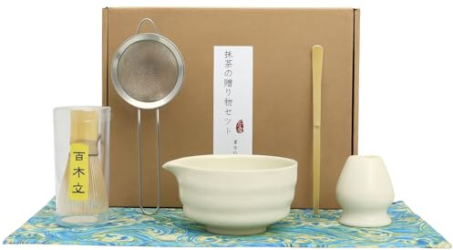 Set Matcha Giapponese 6 Pezzi – Kit per Cerimonia del Tè Tradizionale con Ciotola, Frusta in Bambù, Cucchiaio, Setaccio e Supporto – Idea Regalo Elegante per Amanti del Tè (Bianco)