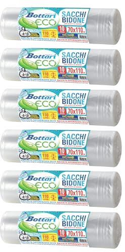 Bottari 60 Sacchi Immondizia 110L 70x110 cm con Laccetti di Chiusura, Trasparenti, Raccolta Differenziata Secco, Sacchi per Spazzatura Resistenti e Riciclati, 6 Rotoli da 10 Pezzi