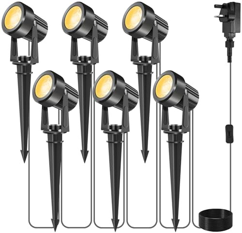 ILIKEPOW Garden Spotlights Mains, 6-in-1 LED Outdoor Spike Lights Pathway Lighting IP65 Waterproof Electric 5V LED Garden Uplighter with Adapter for Path Yard Patio, Wall/Spike Mounted (Warm White)