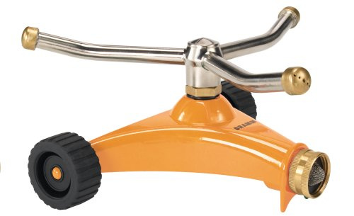 Dramm ColorStorm 3 Arm Whirling Sprinkler on 6 Wheeled Heavy Duty Metal Base, for Lawn, Yard, Garden and Large Area, Orange, 70 Ft Diameter Reach