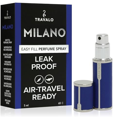 Travalo Milano Perfume Atomizer - Leak-Proof and TSA Approved for Air Travel - Reusable, Airtight, Easy Fill Mini Pump Sprayer - Lightweight, Vegan Leather with Polished Metal Outer Shell - Blue