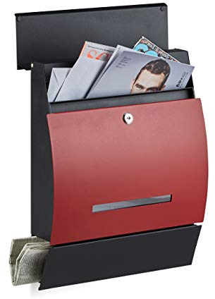 Relaxdays Design Briefkasten mit Zeitungsfach, Pulverbeschichtet, HxBxT: 45 x 35 x 11 cm, Wandbriefkasten, schwarz-rot