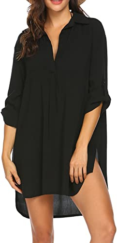 UNibelle Sommerkleider Damen Leicht Luftig Bikini Cover Up Tunika Bluse Strandkleid Shirt Strandbluse Sommer Cuffed Sleeve Shirts Tops, 1a-schwarz, S