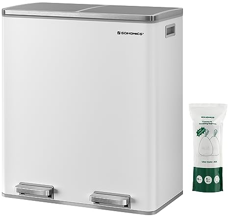 SONGMICS Dual Rubbish Bin, 2 x 30 L Recycling Bin with 15 Rubbish Bags, 2-Compartment Metal Pedal Bin with Lids and Plastic Inner Buckets, Soft Closure, White and Grey LTB60WT