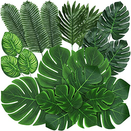 QUANQIUFEI 74 Hojas de Palma Artificiales Tropicales, Hojas Falsas Tropicales, Hojas de Monstera para Safari, Selva, Dinosaurio Hawaiano, Luau, decoración de Mesa, Boda, cumpleaños, Fiesta temática
