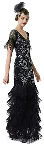 BABEYOND Women's 1920s Evening Dress Long Fringe Sequin Formal Maxi Dress Multi-Layer Prom Dress, Black Silver, S