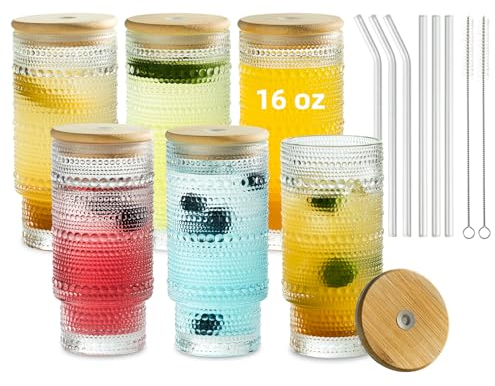 Uppsättning av 6 dricksglas med coolt glaslock och sugrör, 16 oz XL Highball Bubble Cocktail, gammaldags dryckesglas, romantiska vattenglas för juice (16 oz med lock och sugrör)
