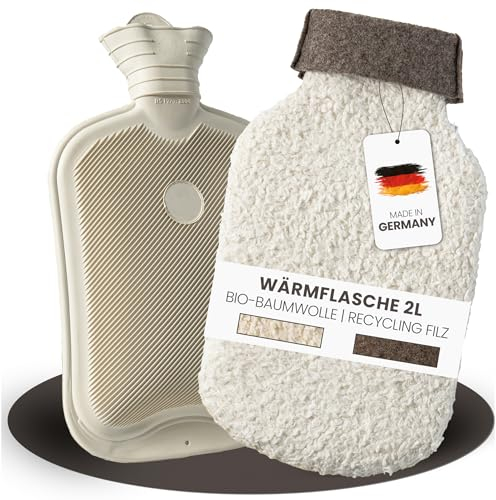 Kuschel Wärmflasche mit Bezug [2L] aus extra weicher Bio-Baumwolle und Recycling Filz - Made in Germany - XXL Wärmflasche Flauschig Wärmflasche lange warm zur Schmerzlinderung - easy and green®