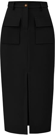 KIRUNDO Midi Skirts for Women Spring Summer High Waisted Cargo Trendy Pencil Slit Dressy Casual Business Work Long Skirt(Black, Small)