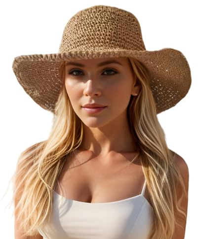 Womens Sun Hats Wide Brim Summer Beach Hat for Women Foldable Travel Fedora Handmade Crochet Straw Hat Packable UPF50+, Khaki